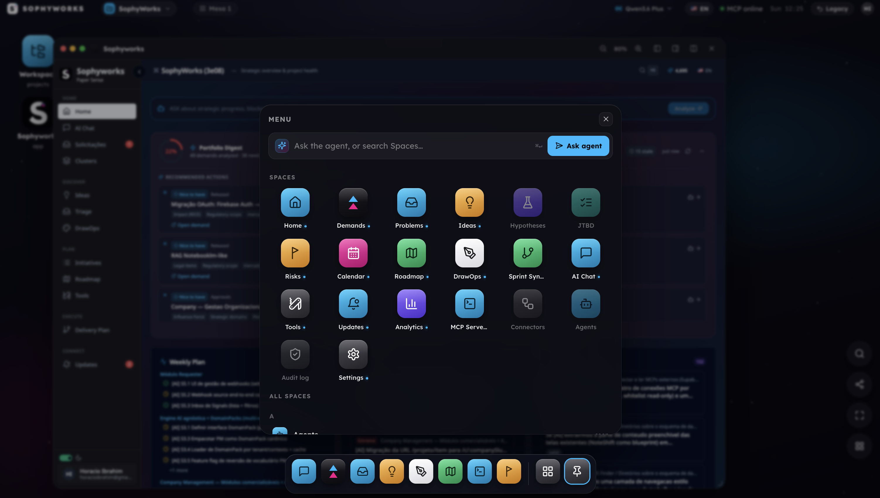Sophyworks aOS — desktop launcher with the decision graph, human judgment window and application dock